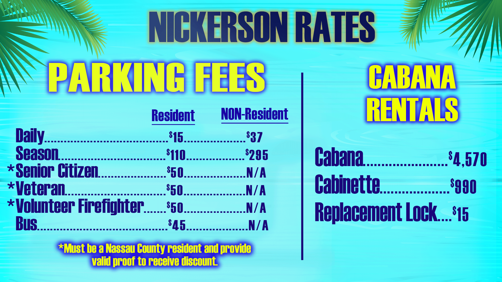 Nickerson Beach Park parking fees and cabana rental rates